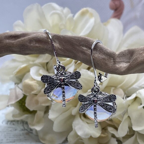 Silver plate Iridescent Dragonfly Wire Opal Earrings Fall Gift Mom Birthday Wife - Picture 15 of 16